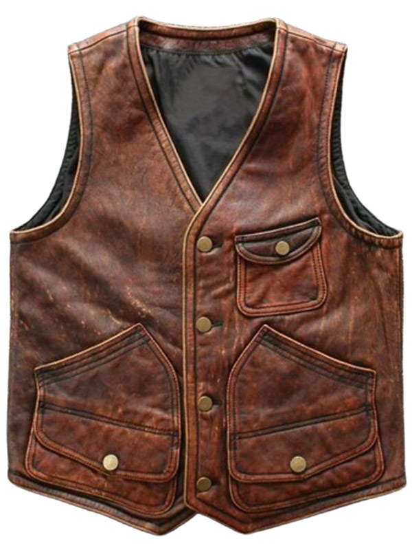 Mens Vintage Brown Distressed Leather Biker Vest