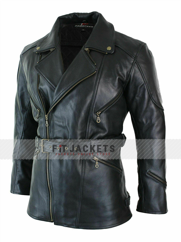 Mens Zipper Biker Type Long Leather Jacket
