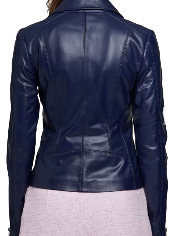 Women Navy Blue Leather Biker Jacket