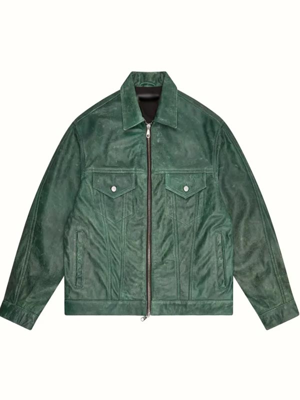 Men Genuine Leather Green Trucker Jacket