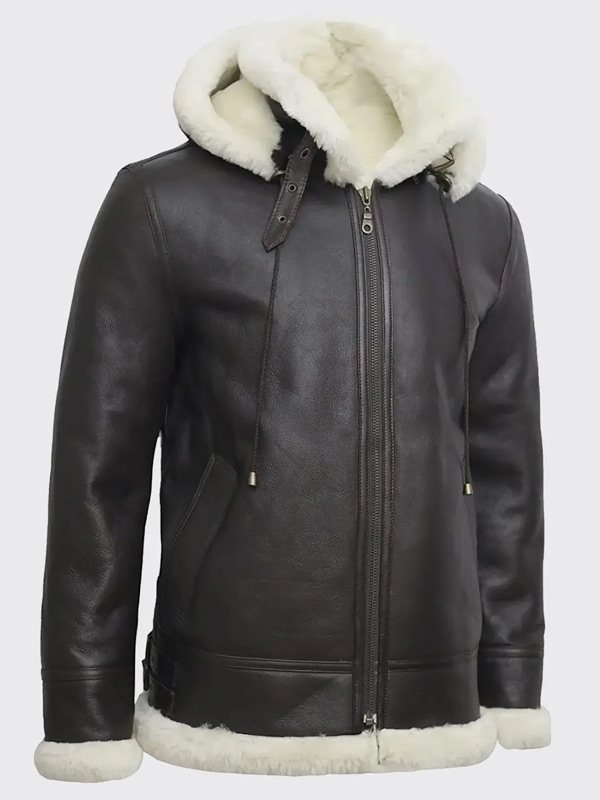 Men’s Hooded Shearling Bomber Leather Jacket