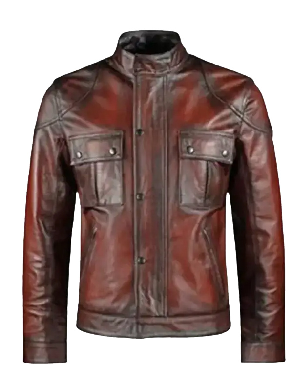 Men Red Distressed Cafe Motorcycle Jacket