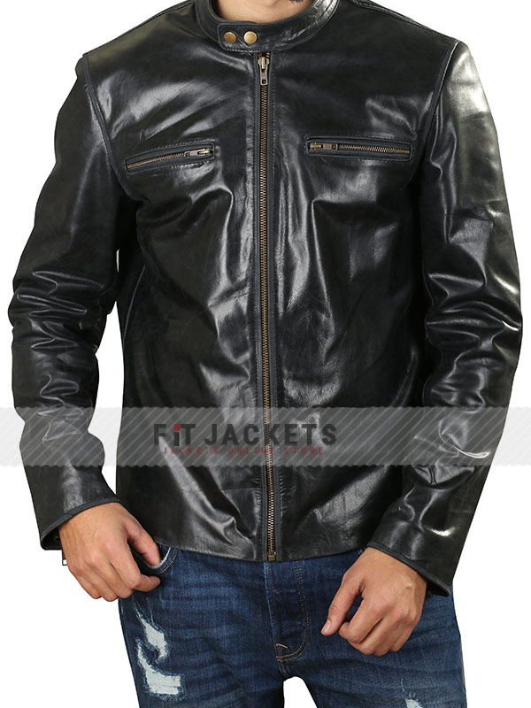 Men's Cafe Racer Sheepskin Shiny Black Leather Jacket