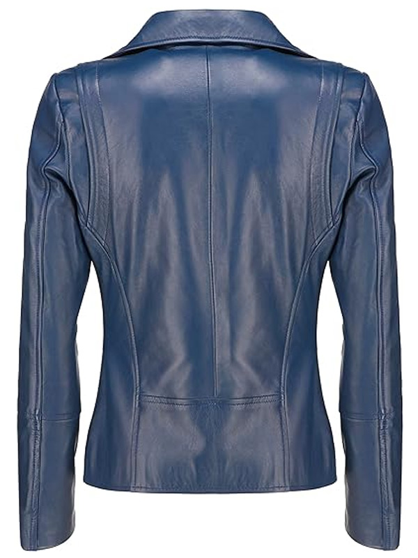 Casual Blue Leather Biker Jacket Womens