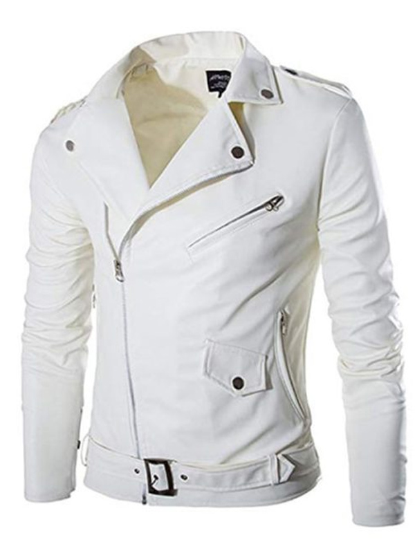 Slim Fit White Leather Biker Jacket Mens
