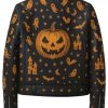 Buy Unisex Black Leather Biker Halloween Pinted Pumpkin Ghost and Stars Jacket