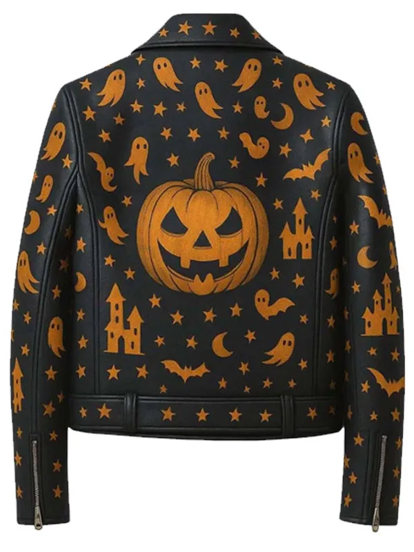 Buy Unisex Black Leather Biker Halloween Pinted Pumpkin Ghost and Stars Jacket