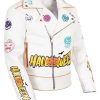 Grab Unisex Halloween Biker Style White Pumpkin Patches Leather Jacket