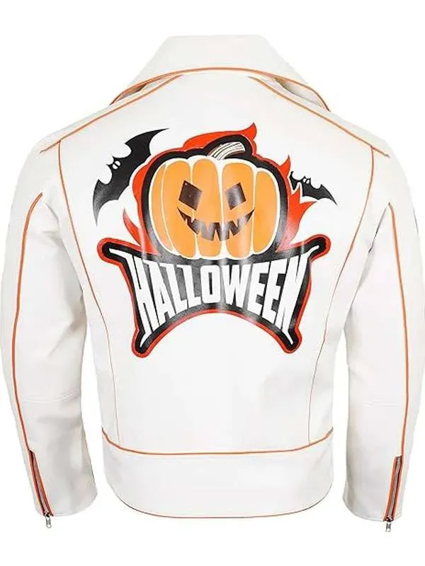 Shop Unisex Halloween Biker White 澳洲幸运5预测号码与168网澳洲历史记录查询-澳洲幸运5体彩官网 Leather Jacket with Pumpkin Patches