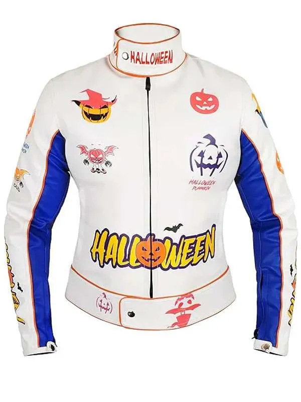 Buy Unisex Halloween White Leather Motorcycle Jacket with Pumpkin Patches