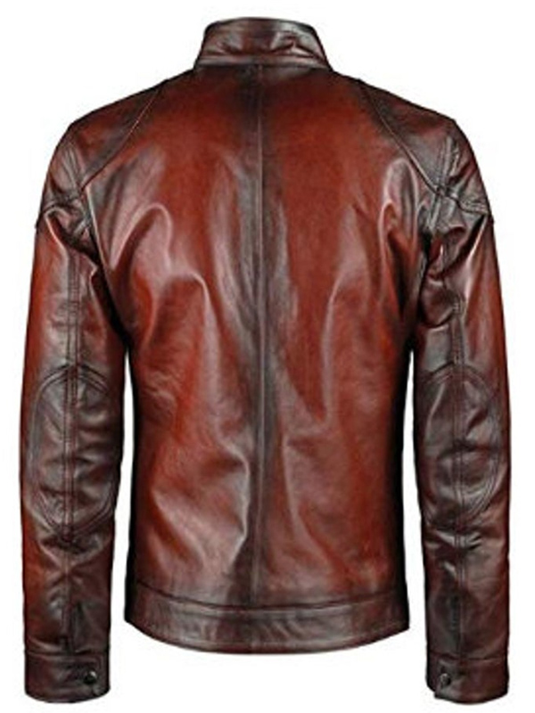 Men Red Distressed Leather Retro Cafe Racer Jacket