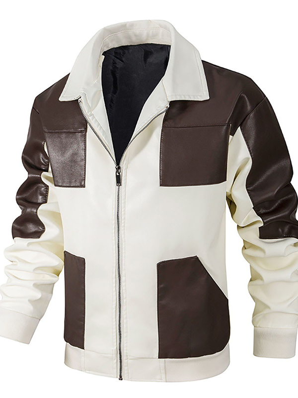 Men Brown and White Vintage Leather Bomber Jacket