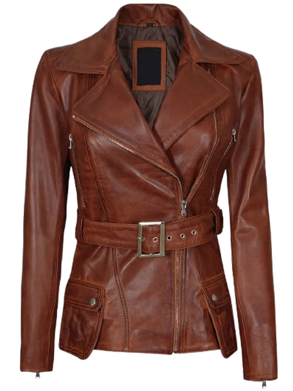 Women Biker Cognac Distressed Leather Jacket