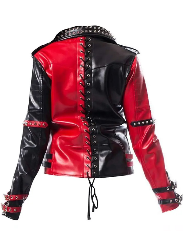 Women Biker Style Red and Black Leather Studded Punk Jacket with Lace up Back