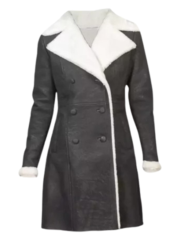 Women Black Leather Shearling Double Breasted Coat