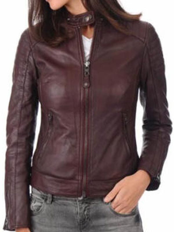 Casual Motorcycle Women Burgundy Leather Jacket