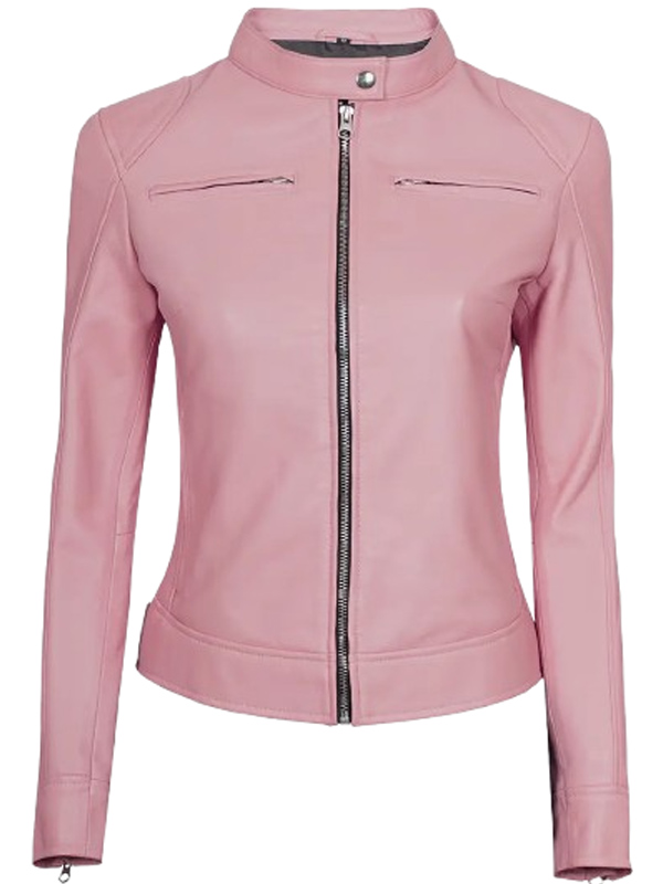 Women Cafe Racer Pink Leather Jacket