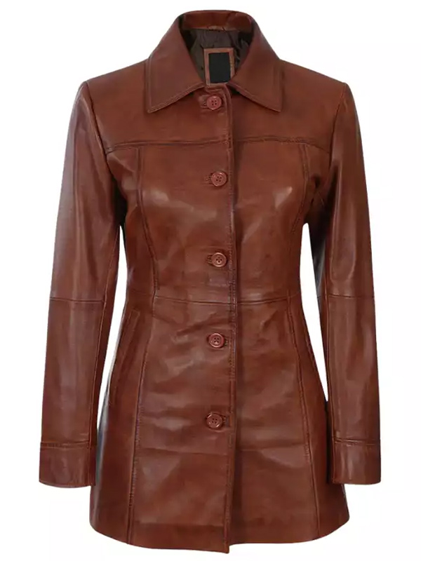 Women Casual Cognac Leather Long Jacket