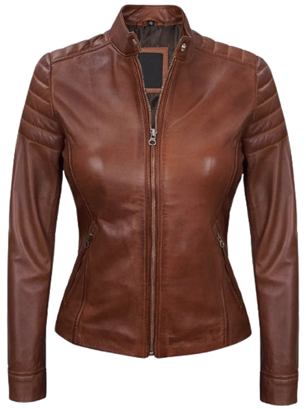 Women Cognac Leather Moto Jacket