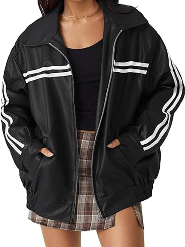 Womens Style Oversized Bomber Black Leather Jacket
