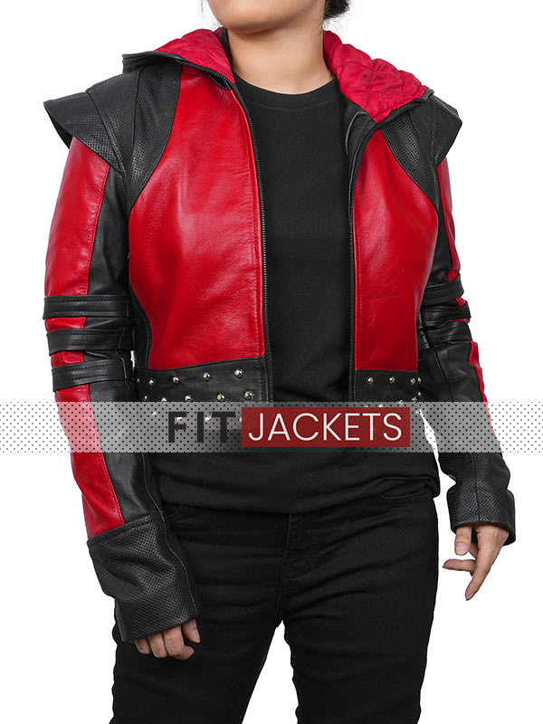 Red and Black Studded Hooded Leather Jacket