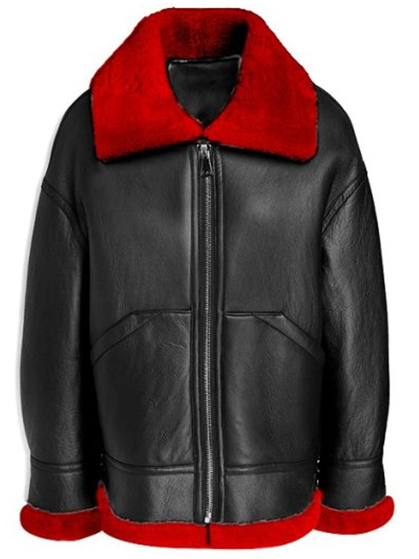 Black Sheepskin Leather Bomber Aviator Jacket