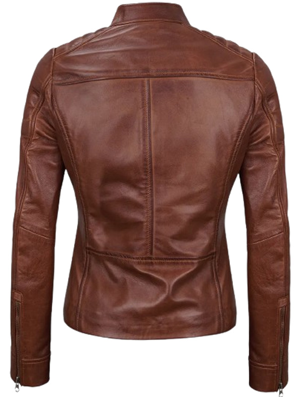 Women Slim Fit Moto Cognac Leather Jacket