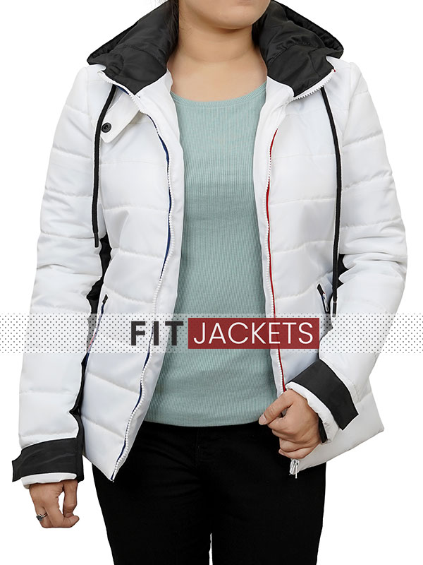 Womens White Puffer Jacket with Hooded Collar