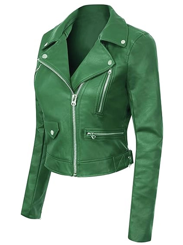 Long Sleeve Style Green Biker Leather Jacket
