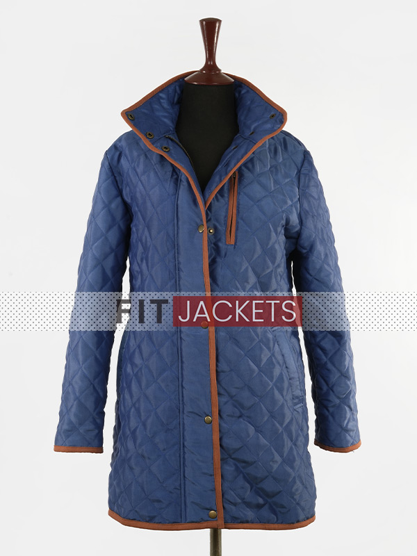 Womens Blue Quilted Long Jacket