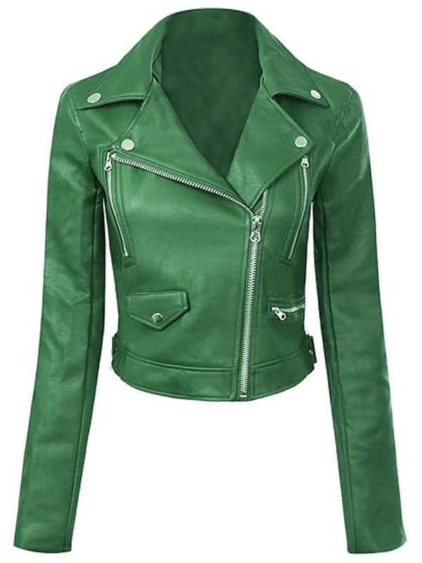 Womens Biker Style Green Leather Jacket