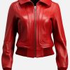 Red Bomber Style Motorbike Leather Jacket