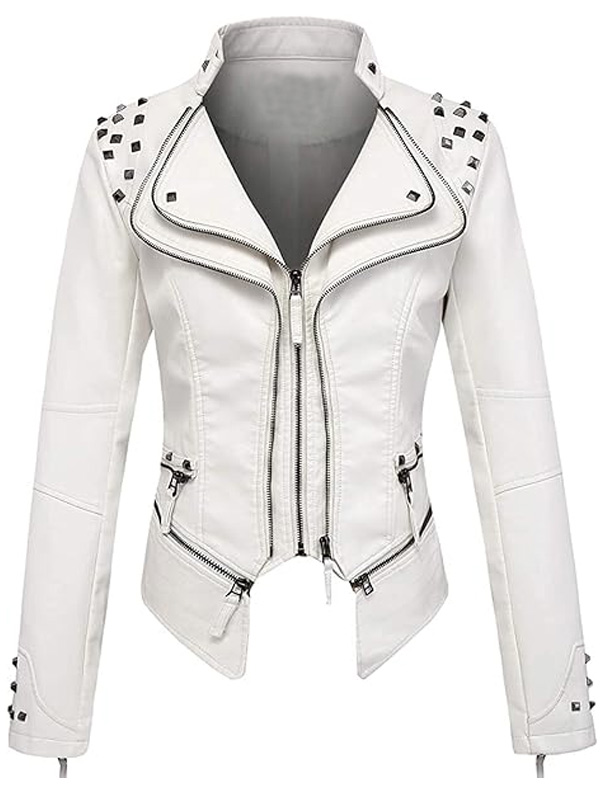 Studded White Motorcycle Leather Jacket