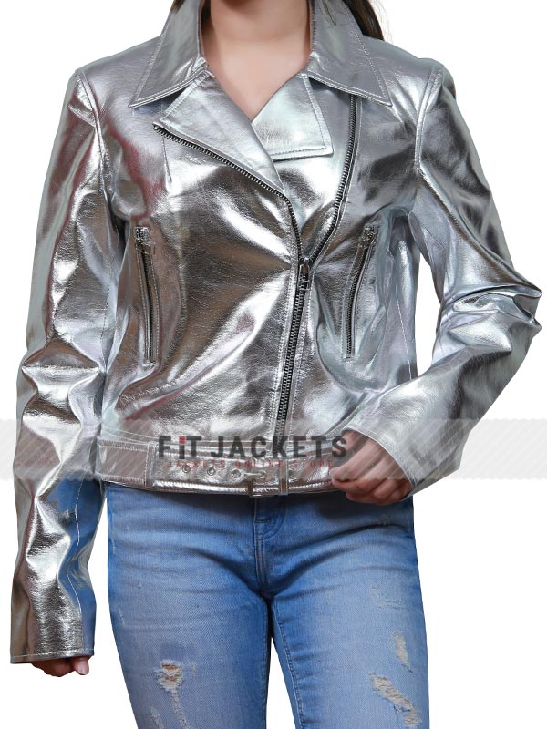 Womens Lucy Silver Metallic Real Leather Biker Style Jacket