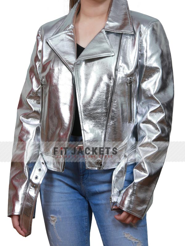 Womens Silver Metallic Belted Style Biker Real Leather Jacket