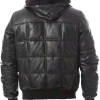Men Bomber Style Black Quilted Leather Puffer Jacket with Hood