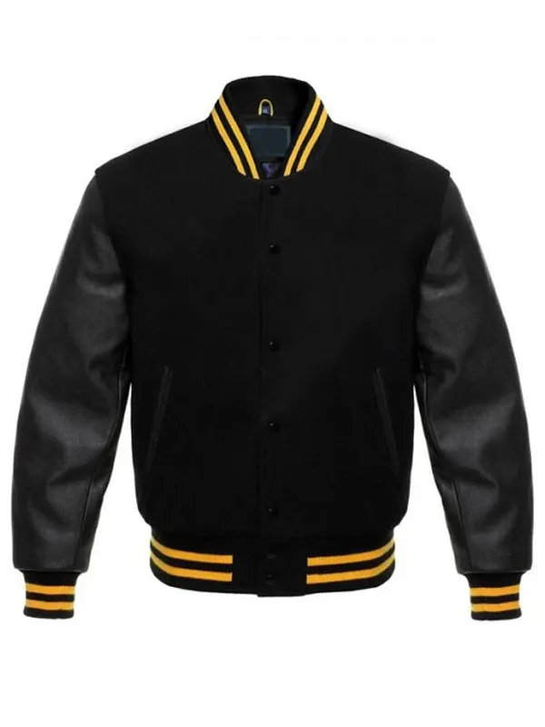 Men Casual Black Wool and leather Varsity Jacket