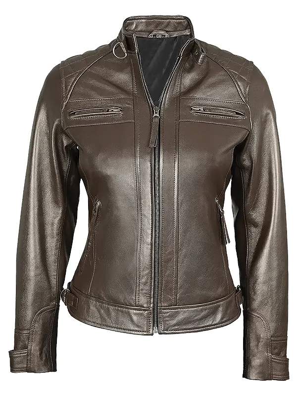 Women Cafe Racer Leather Motorcycle Jacket